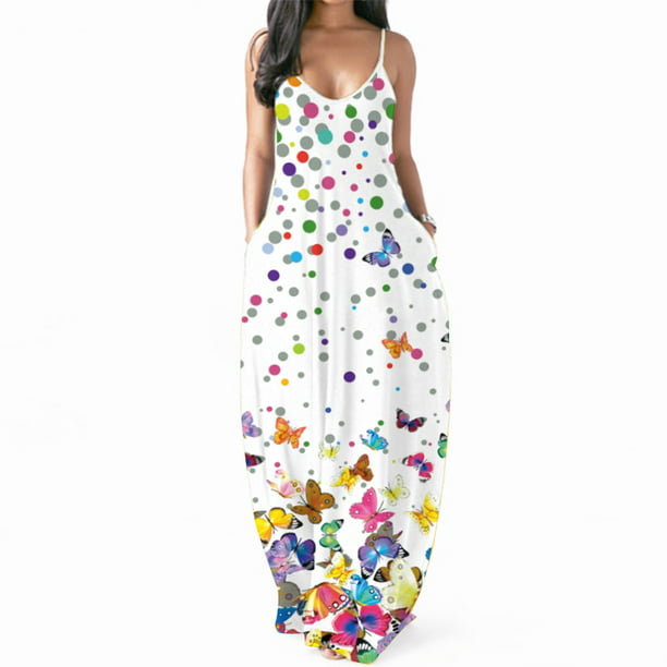Womens Sleeveless Dress Summer Casual Butterflies Floral Sunflower Print Sundress Maxi Dresses Vintage Boho Long Dress